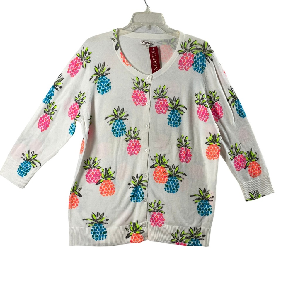 Womens White‎ Pineapple Print Cardigan Size XXL Button Up Sweater Fruit Vaca